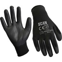 Black Scan PU coated work gloves with white logo and text on back, smooth finish, elastic cuffs, ergonomic design.