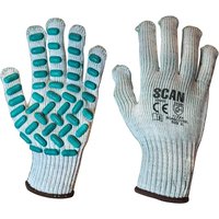 White Scan latex foam gloves with teal vibration-resistant pads and ribbed texture.