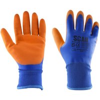 Orange and blue Scan W2101 thermal waterproof latex coated gloves, XXL size 11, with textured grip and elastic cuffs.