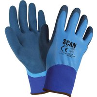 Blue Scan waterproof latex gloves with dark blue palms and elastic cuffs.