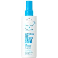 White bottle of Schwarzkopf BC Bonacure Moisture Kick Spray Conditioner with blue cap and text.