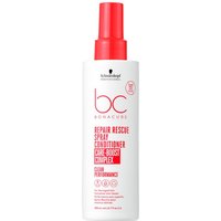 White bottle of Schwarzkopf BC Bonacure Repair Rescue Spray Conditioner with red cap and text.