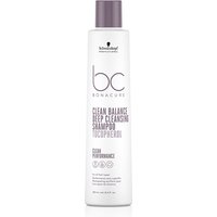 White Schwarzkopf BC Clean Balance Deep Cleansing Shampoo bottle with purple cap, 250ml size.