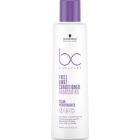 White bottle of Schwarzkopf BC Clean Frizz Away Conditioner with purple cap and text detailing.