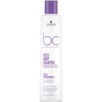White cylindrical bottle of Schwarzkopf BC Clean Frizz Away Shampoo with purple cap and text.