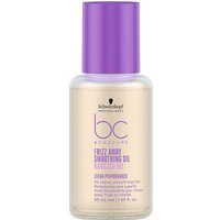 Clear bottle of Schwarzkopf BC Frizz Away Smoothing Oil with purple cap and label, 50ml.