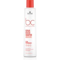 White Schwarzkopf BC Repair Rescue Shampoo bottle with red cap and red text, 250ml size.