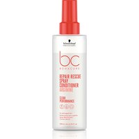 White bottle of Schwarzkopf BC Clean Repair Rescue Spray Conditioner with red cap and red text, 200ml.