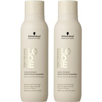 Schwarzkopf BlondMe Bond Repair Brightening Shampoo, 300ml, beige bottles with silver text, set of two.