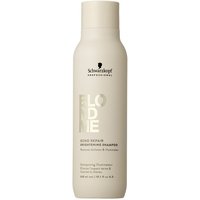 Beige bottle of Schwarzkopf BlondMe Bond Repair Brightening Shampoo, 300ml, with gold text and black logo.