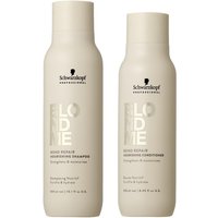 Schwarzkopf BlondMe Bond Repair Shampoo and Conditioner, beige bottles with black text and logo, 300ml each.