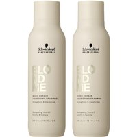 Two beige bottles of Schwarzkopf BlondMe Bond Repair Nourishing Shampoo, 300ml each, with black caps and logo.