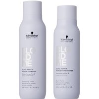Schwarzkopf BlondMe Bond Repair Purple Shampoo and Conditioner in sleek lavender bottles, 300ml each.