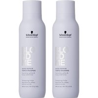 Schwarzkopf BlondMe Bond Repair Purple Shampoo 300ml, two white bottles with black logo and text.