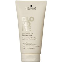 Cream-colored tube of Schwarzkopf BlondMe Bond Repair Sealing Balm, 75ml, with black text and flip-top cap.