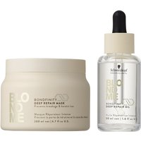 BlondMe Bondfinity Deep Repair Mask in beige jar and Renewa oil in clear bottle with dropper, both by Schwarzkopf.