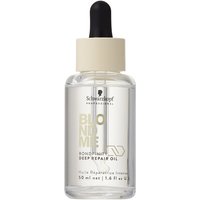 Clear bottle with dropper, beige cap, and gold text, containing Schwarzkopf BlondMe Bondfinity Deep Repair Renewal Oil 50ml.
