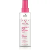 White bottle of Schwarzkopf Bonacure Colour Freeze Spray Conditioner with pink cap and text.