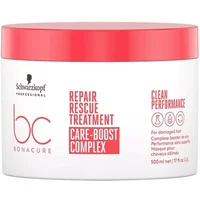 Schwarzkopf Bonacure Repair Rescue Treatment jar, white with red lid, 500ml, labeled Care Boost Complex.