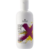 White Schwarzkopf Goodbye Yellow Shampoo bottle with bold purple X and black text, 300ml size.