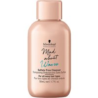 Peach-colored Schwarzkopf Mad About Waves Sulfate Free Cleanser Mini 50ml bottle with black text and teal accents.