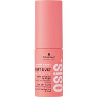 Pink cylindrical bottle of Schwarzkopf OSIS+ Soft Dust Volume Powder, 10g, with white text and logo.
