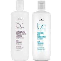 Schwarzkopf BC Bonacure Clean Balance 1000ml DUO with white bottles, black and teal text, shampoo, and conditioner.