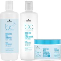 Schwarzkopf BC Bonacure Moisture Kick set with shampoo, conditioner, and hair mask in white bottles with blue accents.