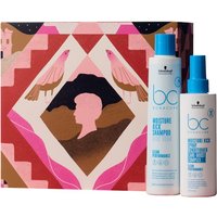 Schwarzkopf BC Bonacure Moisture Kick set with shampoo and spray, blue bottles, pink and brown geometric box.