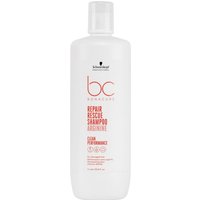 White bottle of Schwarzkopf BC Bonacure Repair Rescue Shampoo with red text and black logo.
