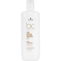 White Schwarzkopf BC Bonacure Time Restore Shampoo bottle, 1000ml, with gold text and flip-top cap.