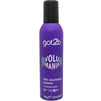 Purple Schwarzkopf Volumaniac Mousse bottle with black cap, bold white and blue text, 250ml size.