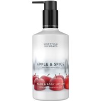 White bottle of Apple & Spice hand and body lotion with black pump and red apple design.