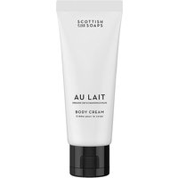 White tube of Scottish Fine Soaps Au Lait Body Cream, 75ml, with black cap and minimalist black text.