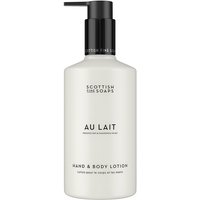 White pump bottle of Scottish Fine Soaps Au Lait Hand & Body Lotion, 300ml, with black text and cap.