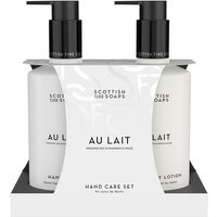 Scottish Fine Soaps Au Lait Hand Care Set with black pump bottles in white packaging, featuring hand wash and lotion.