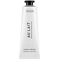 White tube of Scottish Fine Soaps Au Lait Hand Cream, black cap, minimalist design, 30ml size.