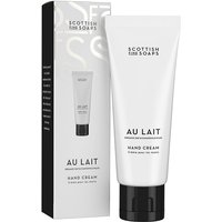 White tube of Scottish Fine Soaps Au Lait Hand Cream, 75ml, with black text, next to matching black and white box.