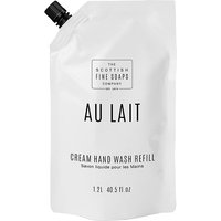 White pouch of Scottish Fine Soaps Au Lait Hand Wash Refill, 1.2L, with black cap and minimalist text design.