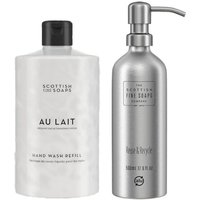 Scottish Fine Soaps Au Lait hand wash refill in white pouch and silver refillable aluminum bottle with pump.