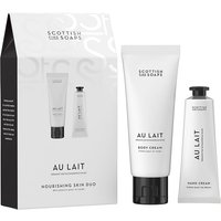 Scottish Fine Soaps Au Lait Nourishing Skin Duo with white body cream tube and hand cream tube in a branded box.
