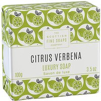 Green and white wrapped soap bar with citrus pattern, labeled "Citrus Verbena Luxury Soap" by Scottish Fine Soaps, 100g.