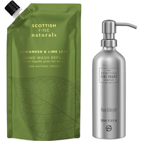 Green pouch of Scottish Fine Soaps Coriander & Lime Leaf hand wash refill next to silver pump bottle.