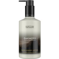 Oakmoss hand & body lotion in a 300ml pump bottle, gradient design from dark to light with black cap.