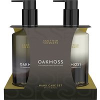 Scottish Fine Soaps Oakmoss Hand Care Set with pump bottles, black caps, and elegant packaging.