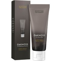 Oakmoss hand cream tube, dark gray with white cap, beside matching carton, by Scottish Fine Soaps, 75ml.
