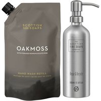 Scottish Fine Soaps Oakmoss hand wash refill pouch in brown with silver refillable pump bottle.