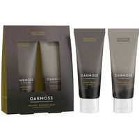 Scottish Fine Soaps Oakmoss Travel Set with two sleek gray and olive tubes in a matching elegant box.