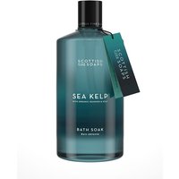 Teal bottle of Scottish Fine Soaps Sea Kelp Bath Soak with black cap and hanging tag, 500ml.