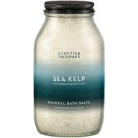 Scottish Fine Soaps Sea Kelp Mineral Bath Salts in a clear 500g glass jar with black lid and gradient blue label.
